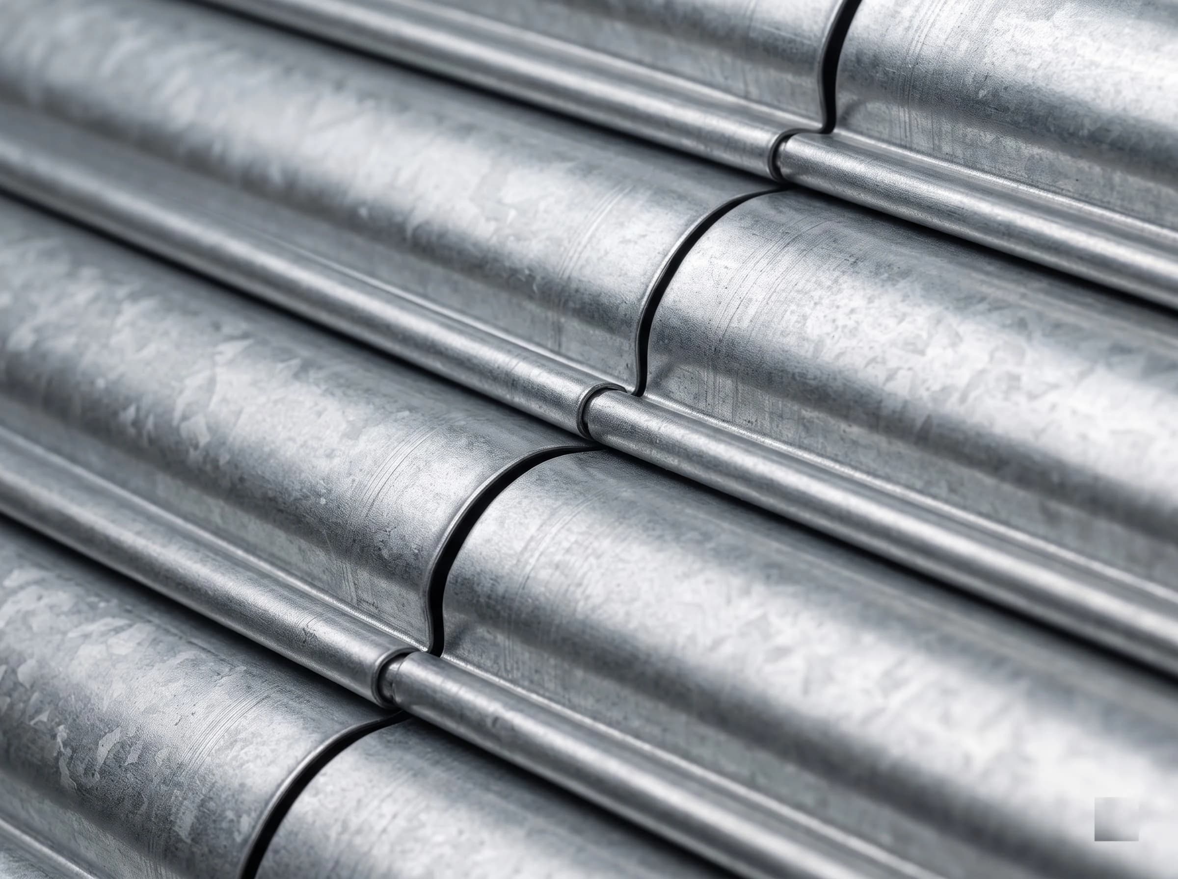 Macro view of a galvanised steel rolling shutter curtain: four curved interlocking slats with the matte hot-dip galvanised zinc surface and its faint spangle, the rolled interlock joints between slats and the crisp folded profile edges