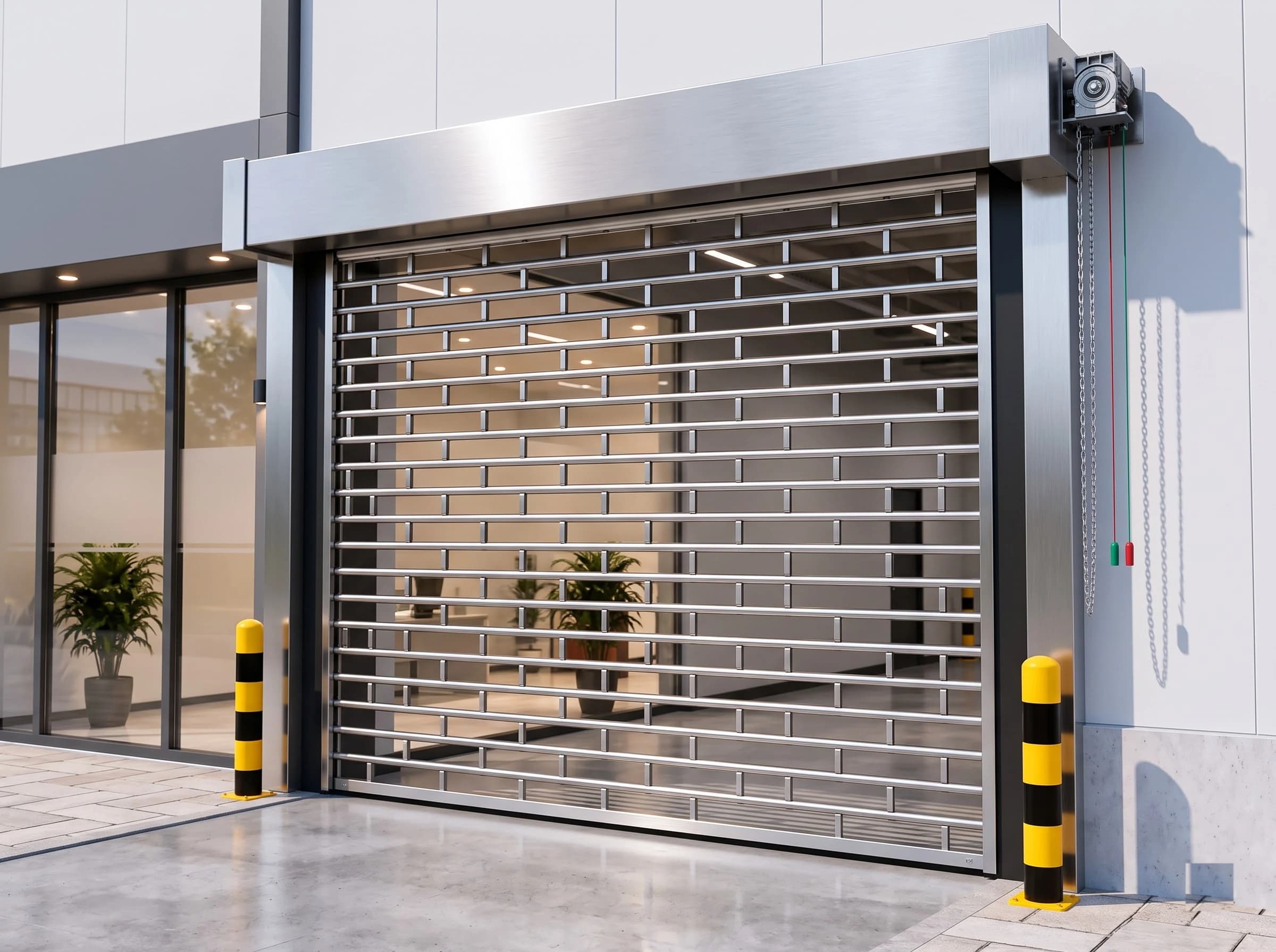 A stainless rolling grille closed across a showroom front, seen from a three-quarter angle: horizontal rods with staggered vertical links in a brick pattern, stainless head box with the motor at its right-hand end, hand chain and pull cords beside the guide, and yellow-and-black bollards