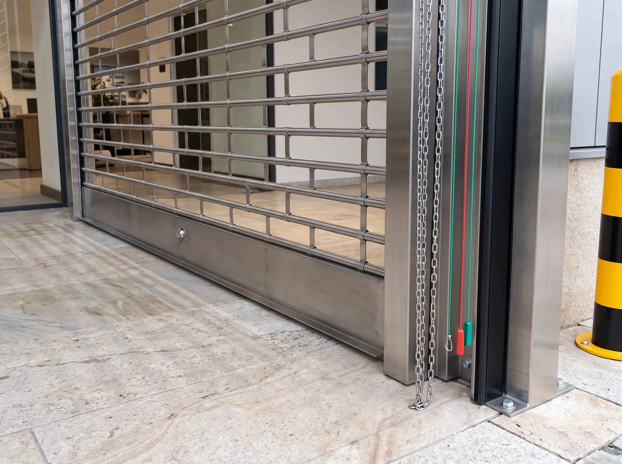 Bottom corner of a closed rolling grille: the channel guide holding the rod ends, the stainless bottom rail on the paving with its lock, the guide foot bolted down, and the hand chain and red and green pull cords beside the guide