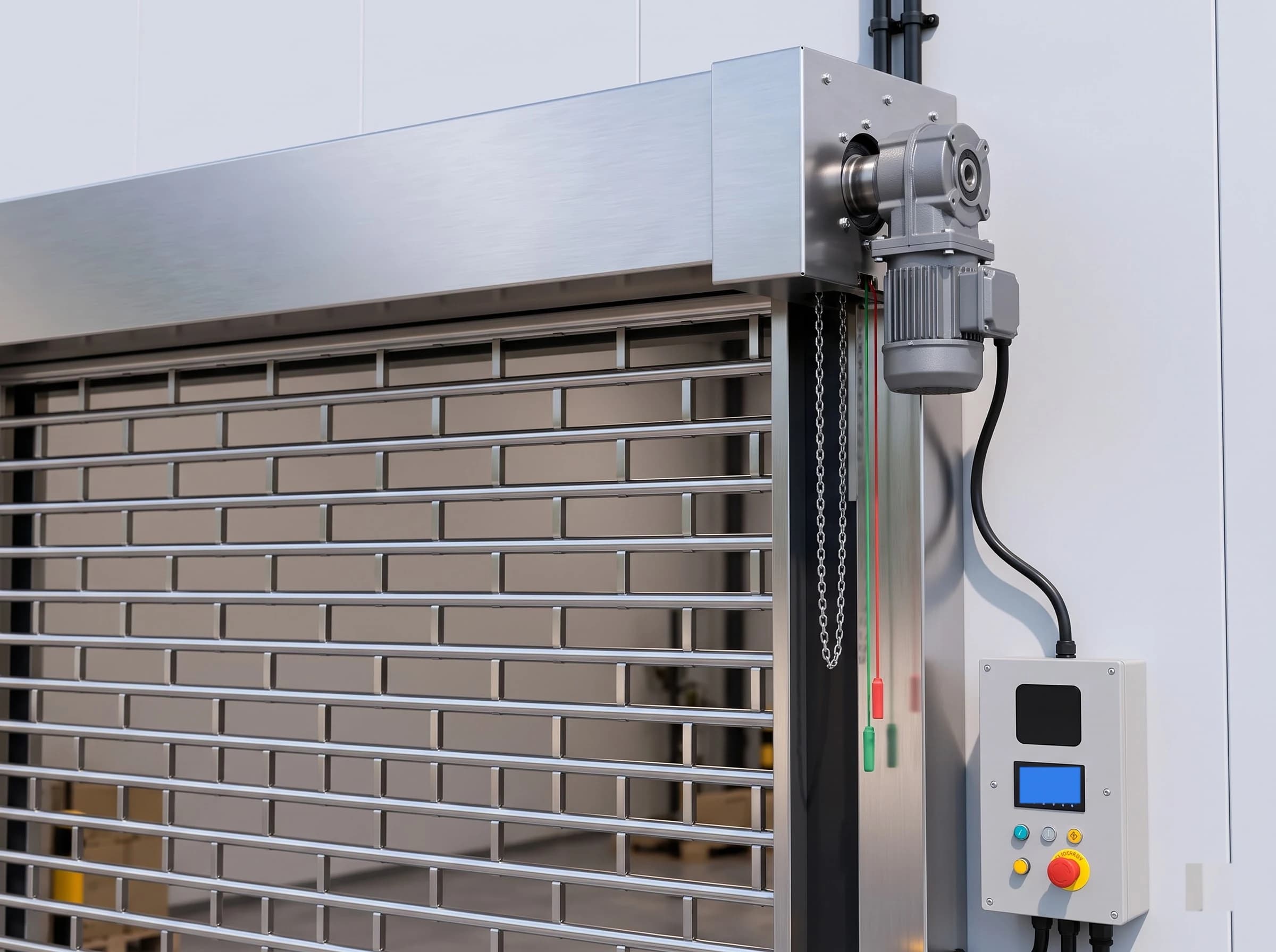 The drive end of a motorised rolling grille: the geared motor unit on the end of the stainless head box, the hand chain and red and green pull cords beside the guide, and the wall control box with display, push buttons and emergency stop, with the rod-and-link curtain at the left