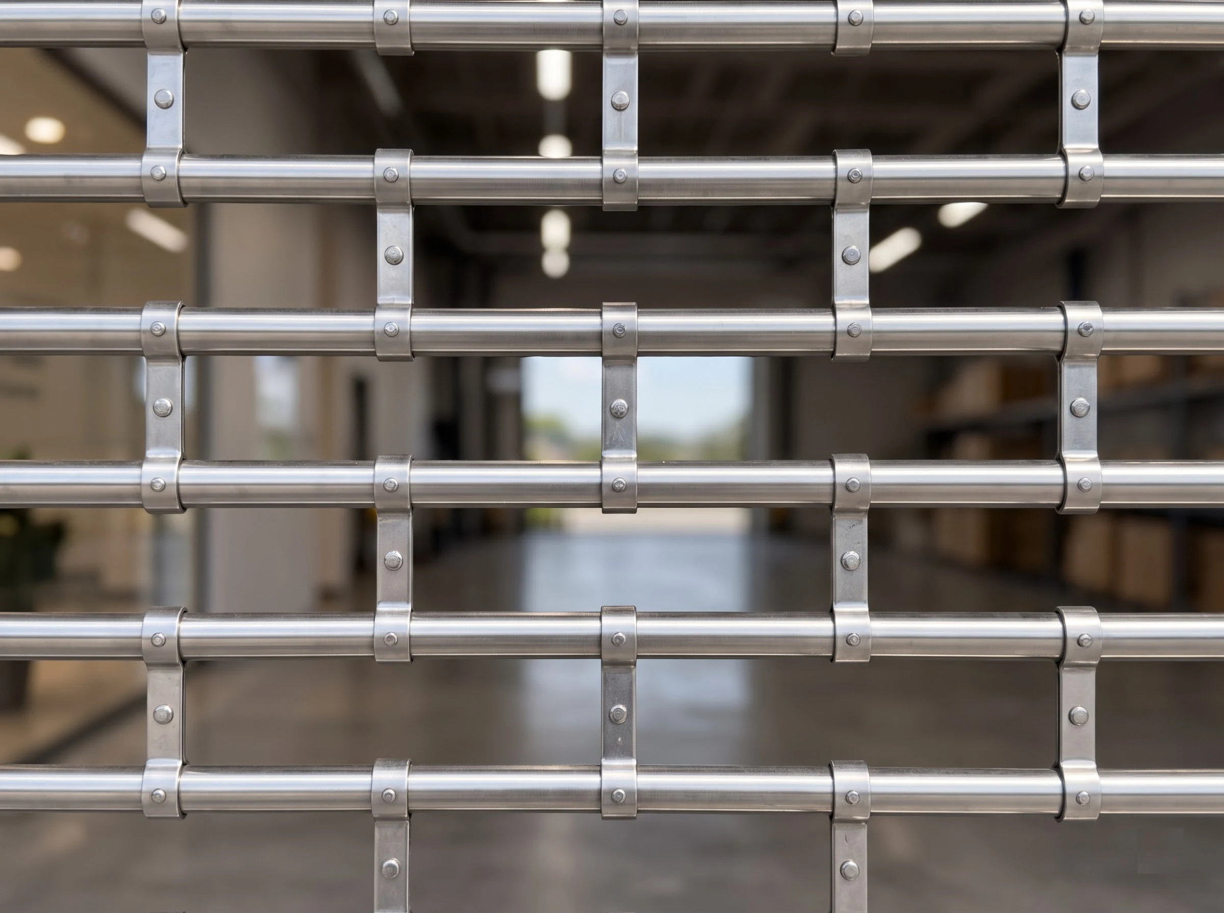 Extreme close-up of a rolling grille curtain: round stainless rods joined by short vertical links with rolled eyes, staggered in a brick pattern, the showroom softly out of focus behind