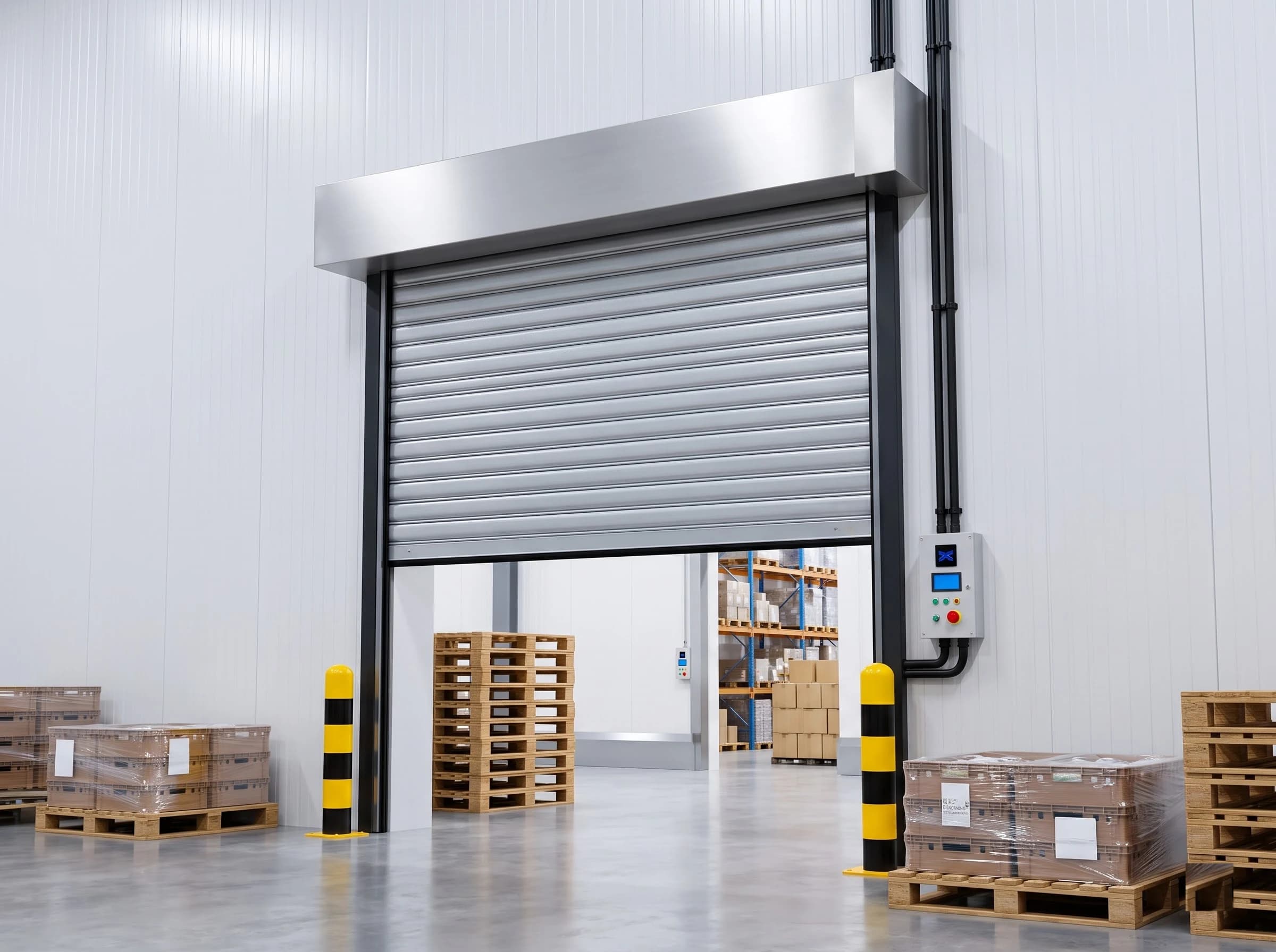 A galvanised insulated rolling shutter installed in a white insulated-panel wall of a chilled store, the curtain a third open beneath a stainless hood, with the wall control station at the jamb, yellow-and-black bollards and palletised goods on the floor