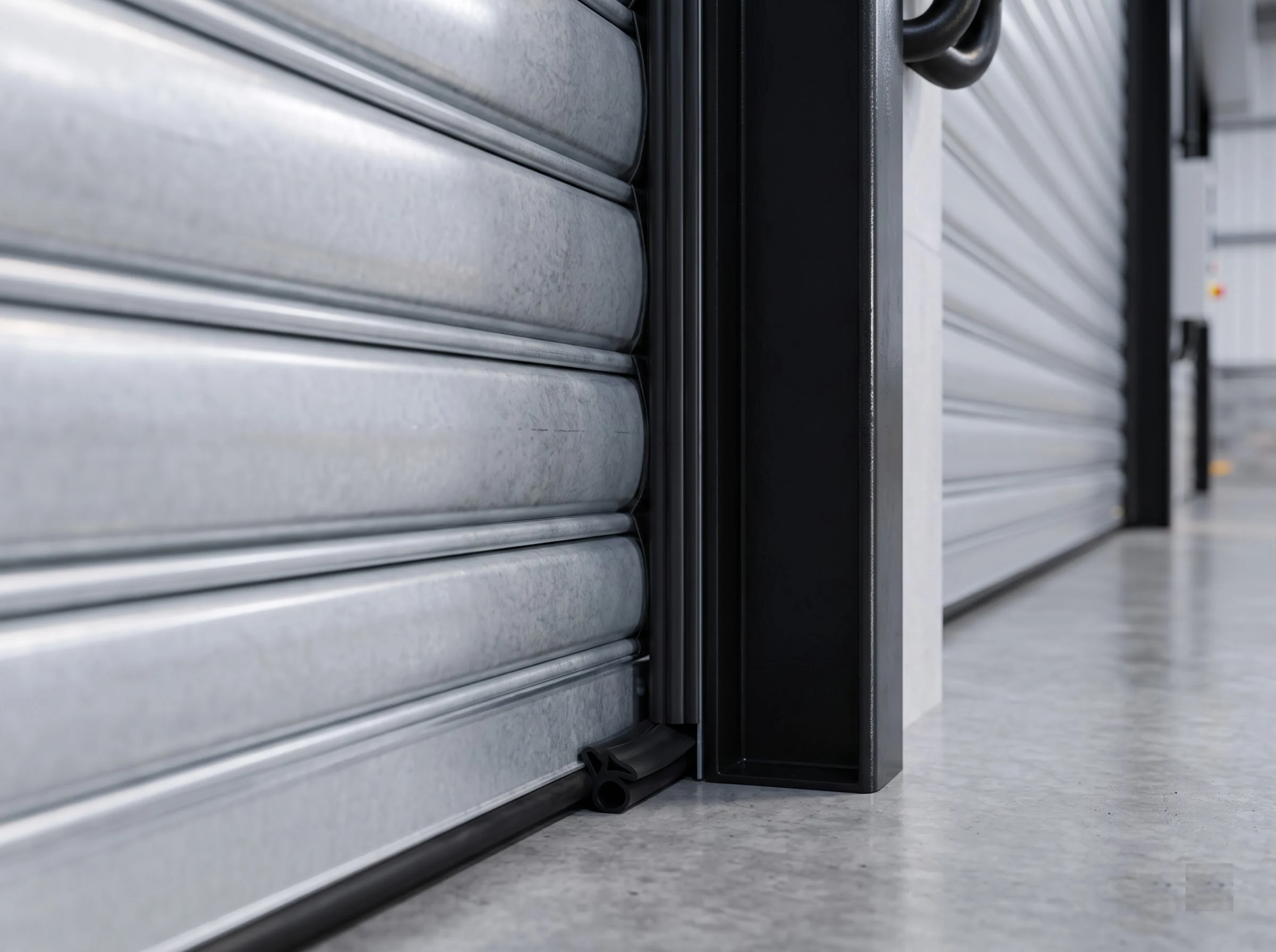 Close-up at one jamb of an insulated rolling shutter: the black steel guide channel with a rubber edge seal gripping the galvanised double-wall curtain and the rubber bottom seal meeting the polished concrete floor