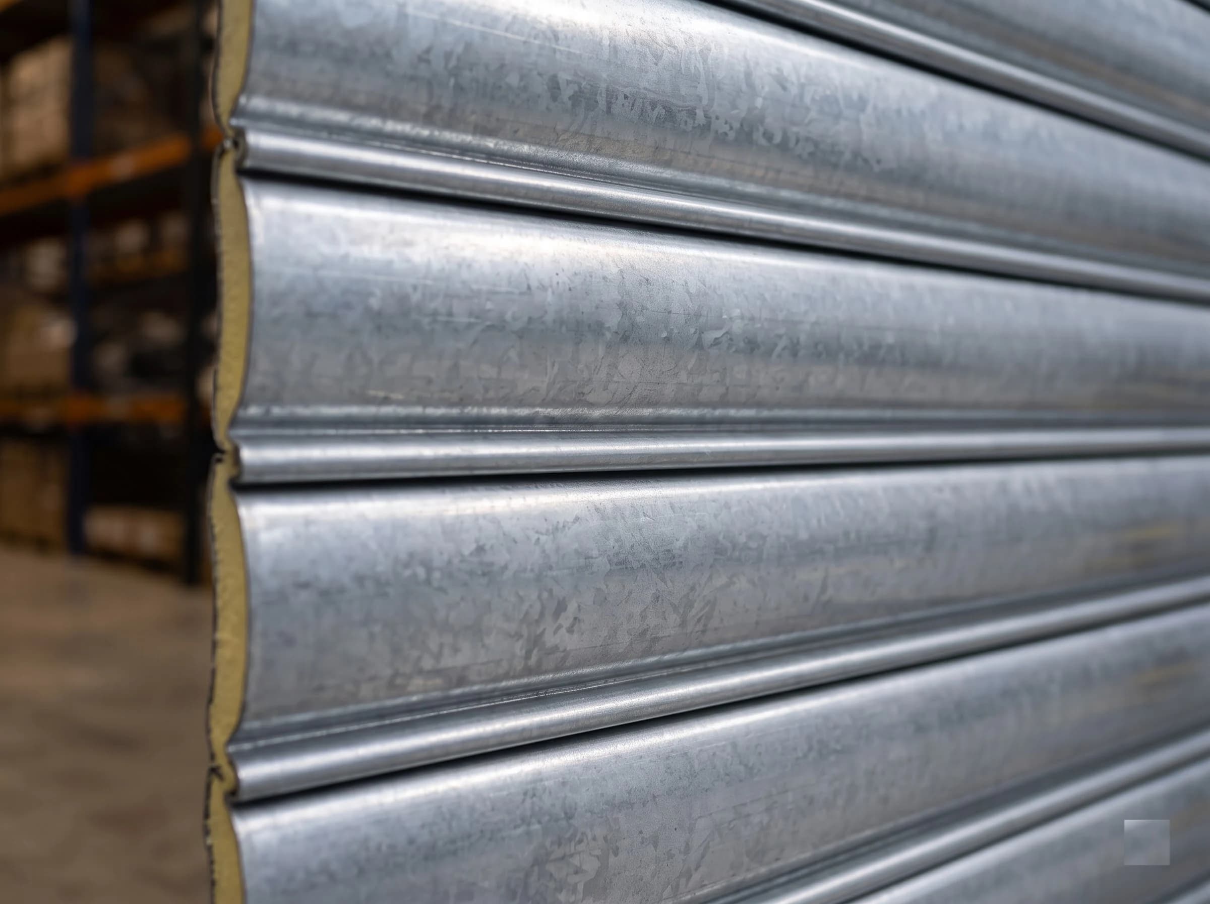 Close-up along the curtain of an insulated double-wall rolling shutter: galvanised slats with a convex profile interlocking one above the next, the cut end of each slat showing the two steel skins with the pale foam core between them, warehouse racking soft in the background