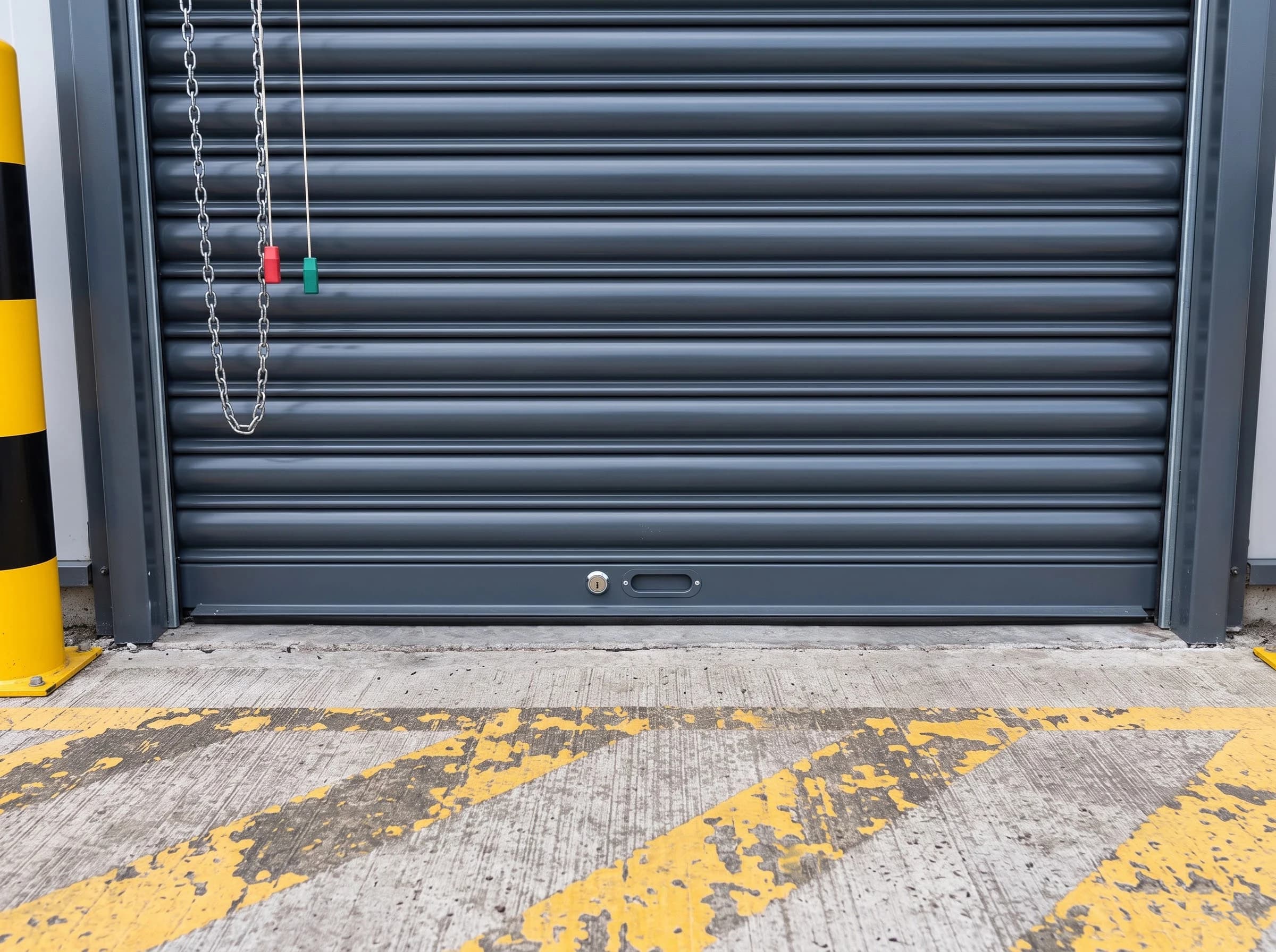 The bottom of a closed mild steel rolling shutter seen square on: the straight bottom rail flat on the concrete with its keyed lock and pull handle, the lowest curved slats above, the hand chain and pull cords at the left guide and a bollard at the edge