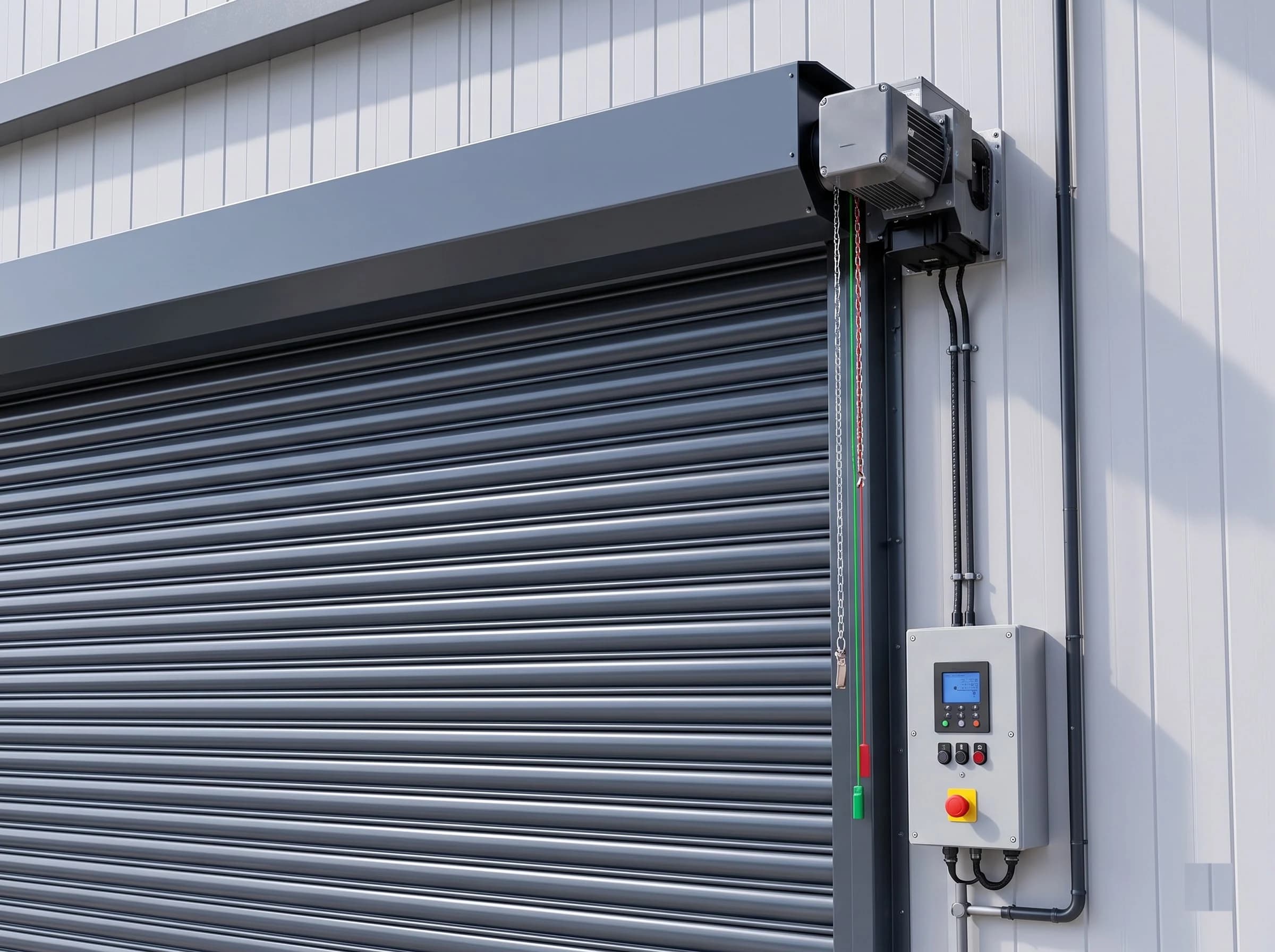 The drive end of a motorised mild steel rolling shutter: the geared motor unit on the right-hand end of the head box, the hand chain and red and green pull cords hanging beside the guide, and the wall control box with display, push buttons and emergency stop, with the closed curtain at the left