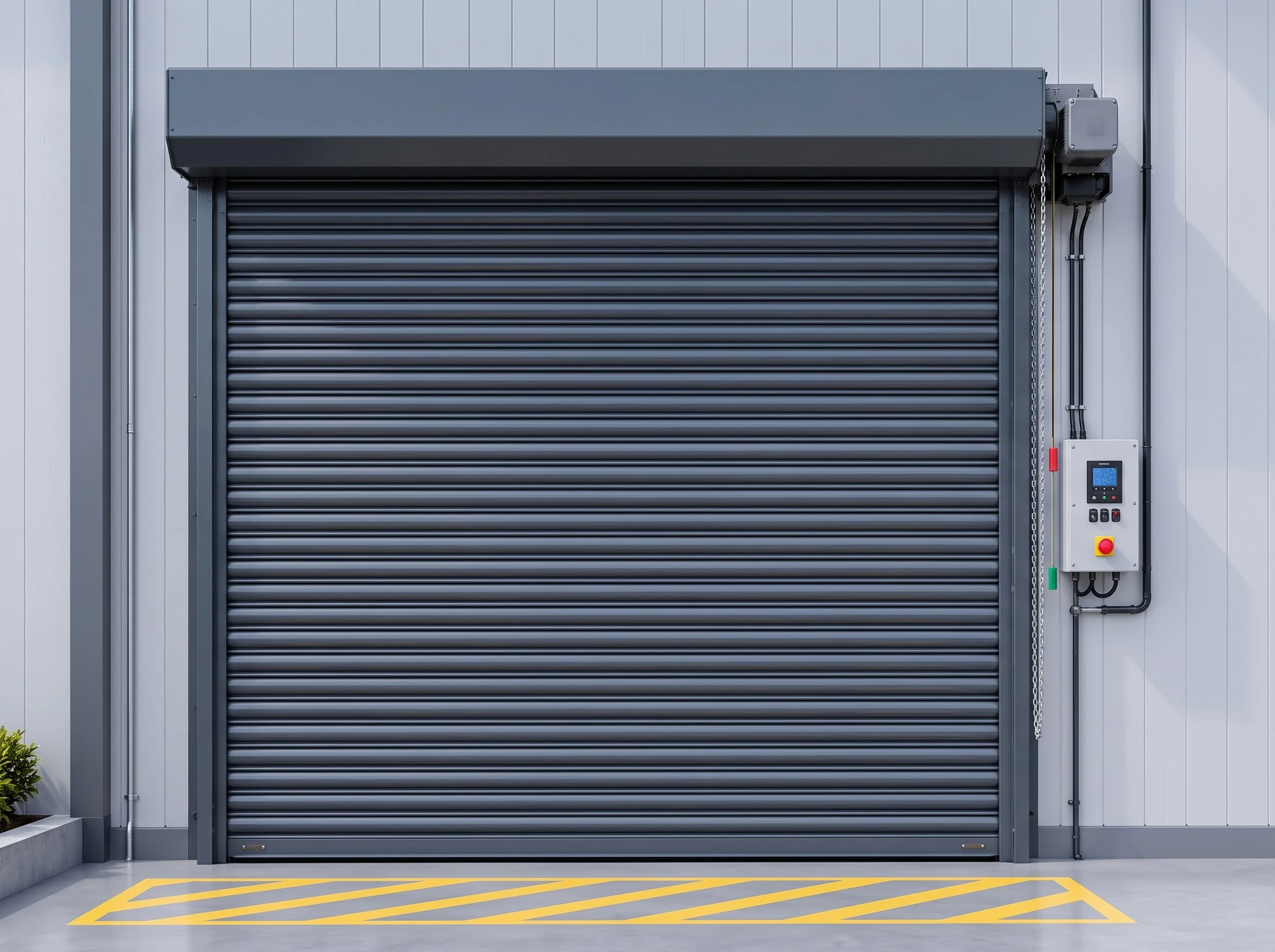 Front elevation of a closed dark grey mild steel rolling shutter: curved interlocking slats between channel guides, the head box with its geared motor at the right-hand end, hand chain and red and green pull cords beside the guide, the wall control box, and the bottom rail on the hatched concrete apron