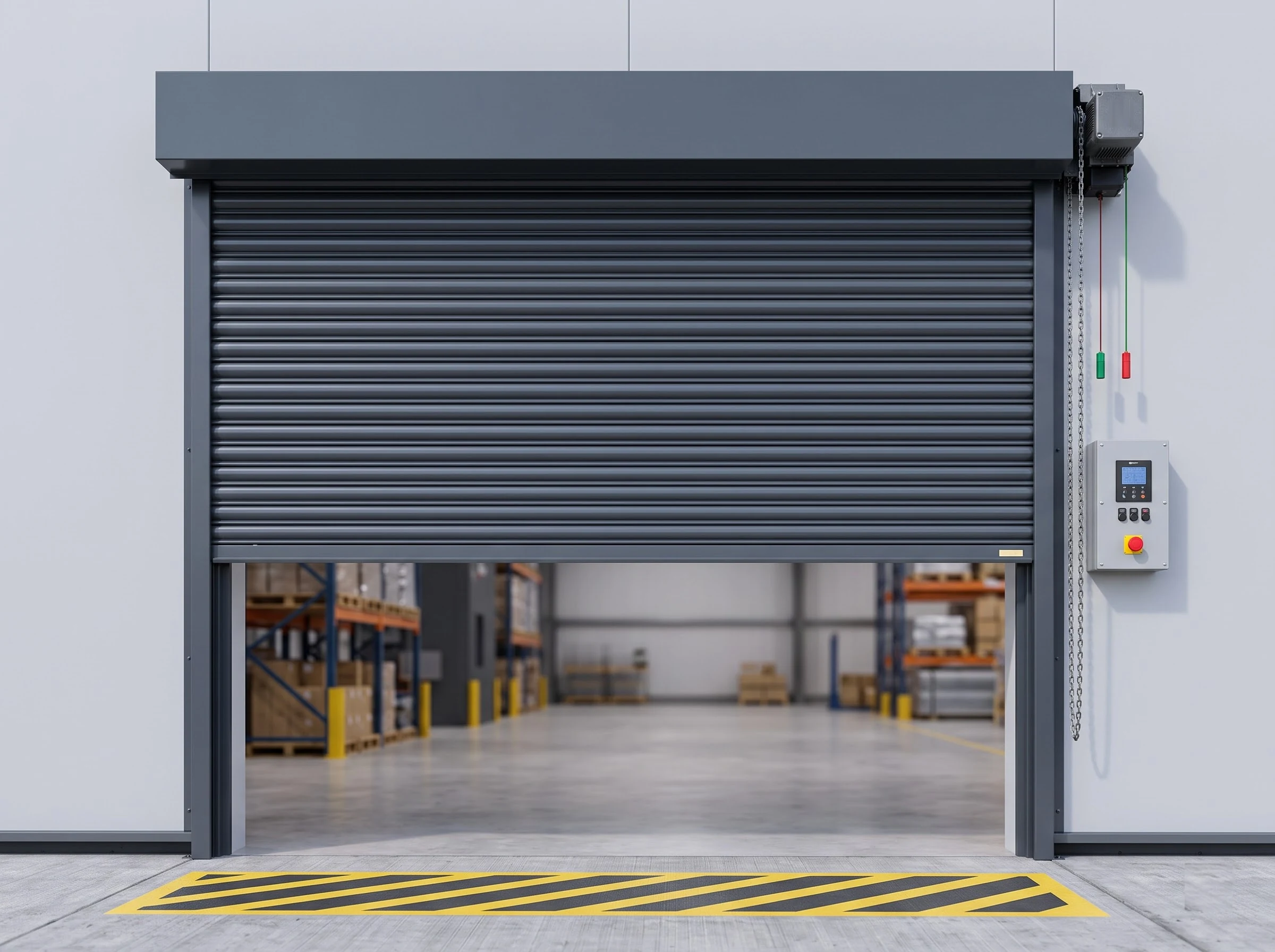 A dark grey mild steel rolling shutter half open, seen square on: the curtain raised to mid height into the head box, the warehouse floor and racking visible through the opening, with the motor, hand chain, pull cords and control box at the right