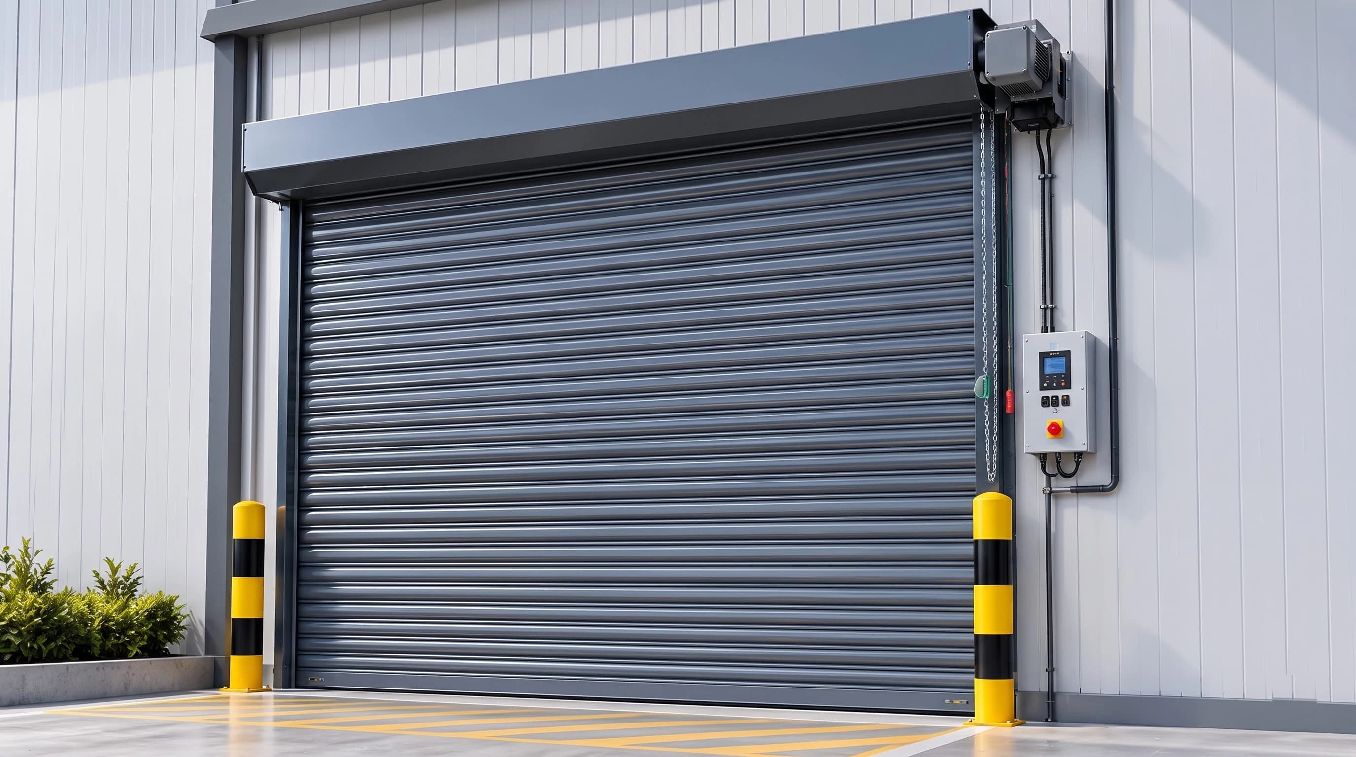 A dark grey mild steel rolling shutter installed on a clad industrial building, seen from a three-quarter angle: head box with motor, hand chain and pull cords, control box, both bollards and the hatched apron
