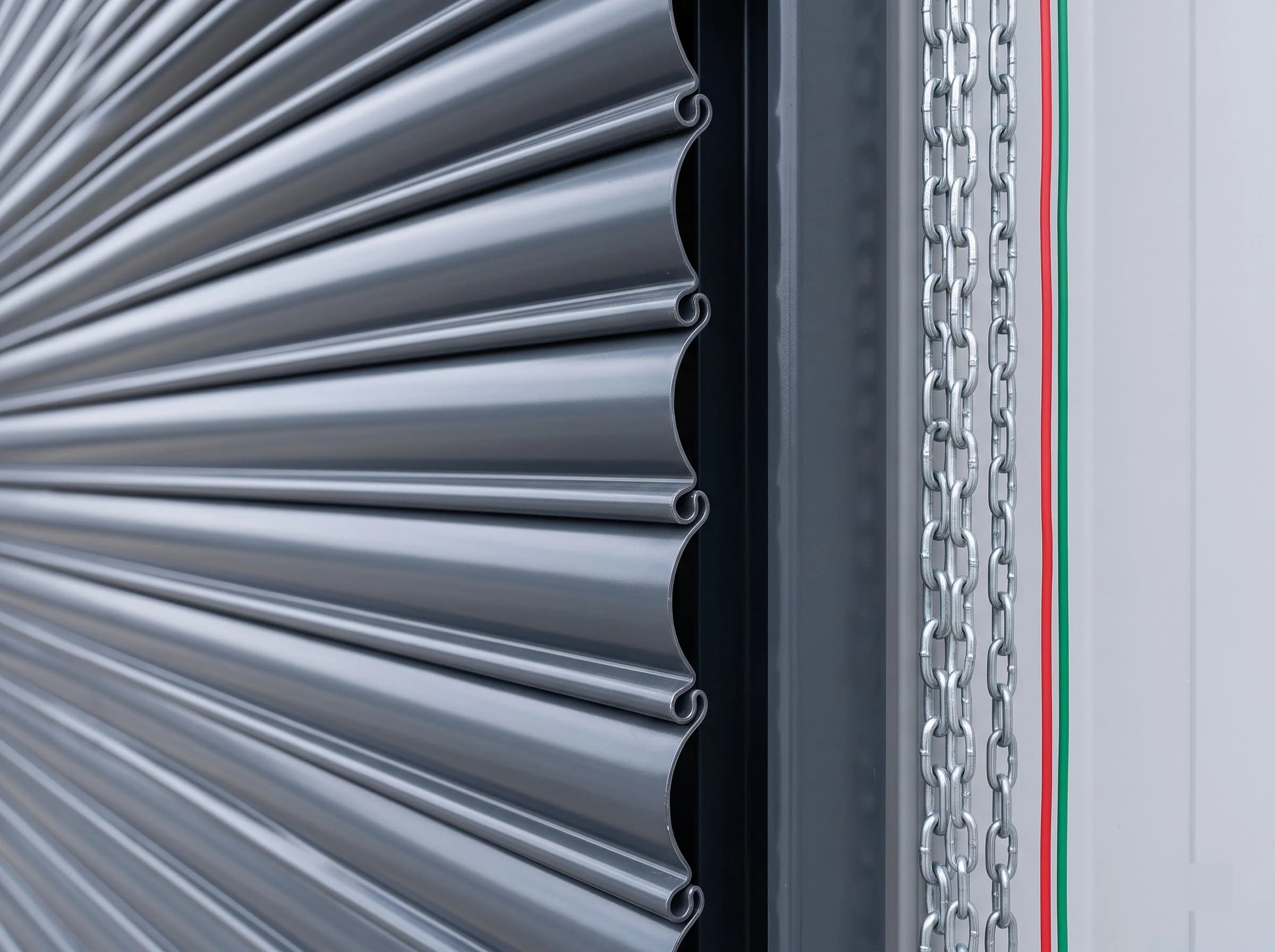 Close-up along the edge of a mild steel rolling shutter curtain at the guide: the ends of the curved slats seen in profile, each rolled edge hooked into the slat below, with the hand chain and pull cords beside the guide