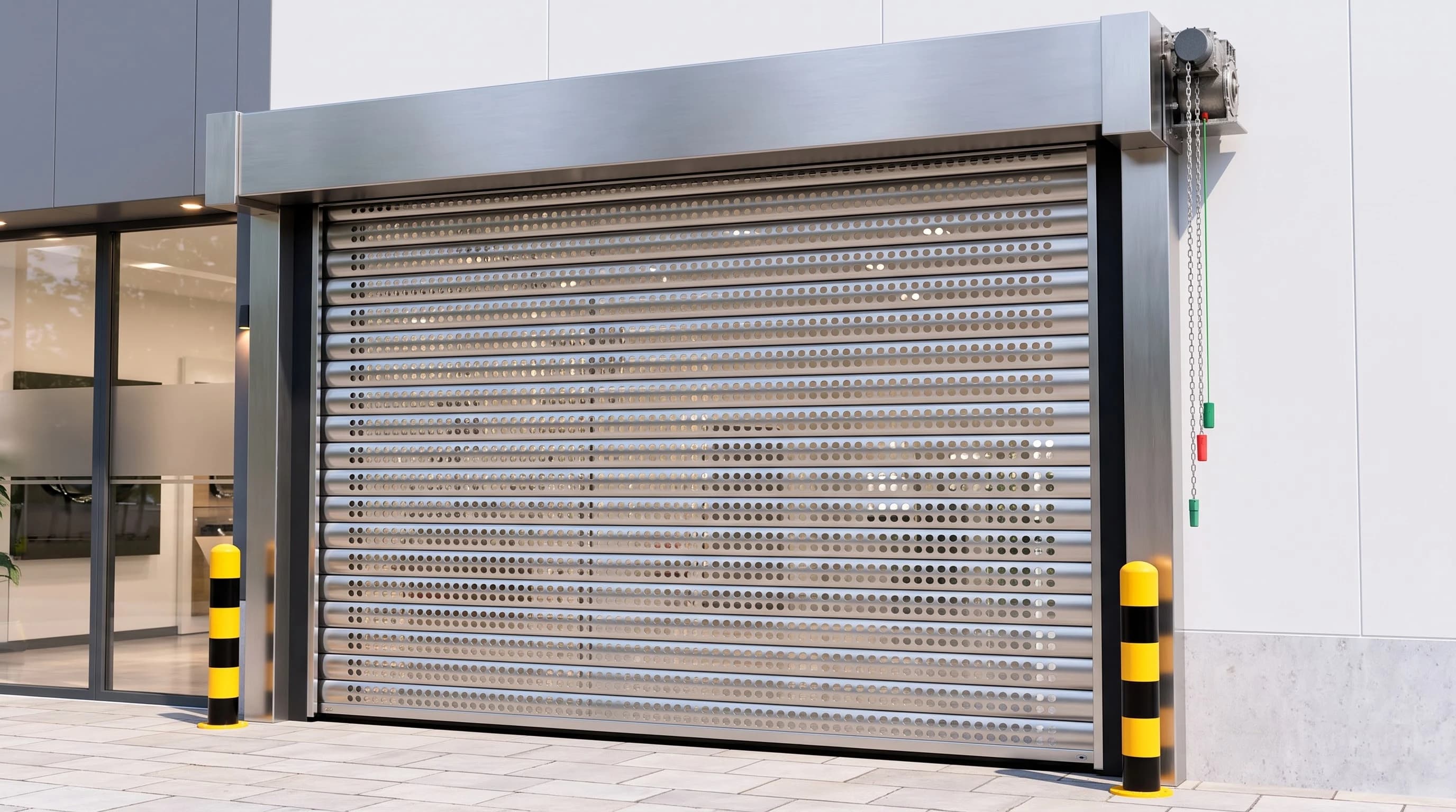 A brushed stainless perforated rolling shutter closed across a showroom front, seen from a three-quarter angle: curved slats with staggered round perforations, stainless head box with the motor at its right-hand end, hand chain and pull cords beside the guide, and yellow-and-black bollards