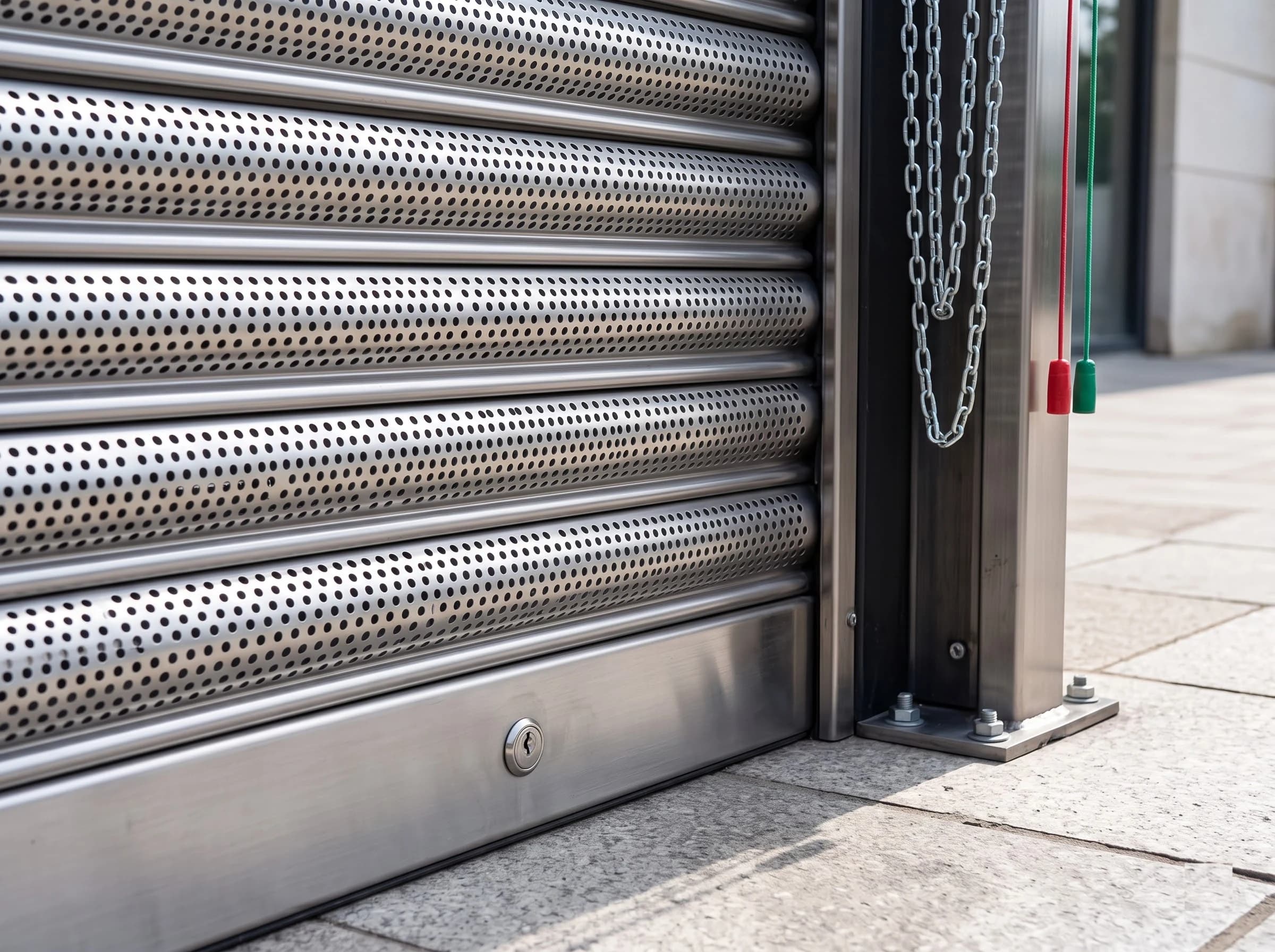 Bottom corner of a closed perforated rolling shutter: the channel guide holding the perforated slat ends, the brushed stainless bottom rail on the paving with its lock, the guide foot bolted down, and the hand chain and pull cords beside the guide