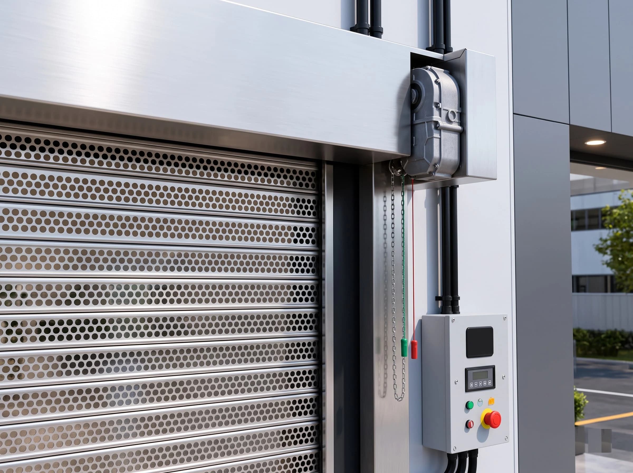 The drive end of a motorised perforated rolling shutter: the enclosed geared motor unit on the end of the stainless head box, the hand chain and red and green pull cords beside the guide, and the wall control box with display, push buttons and emergency stop