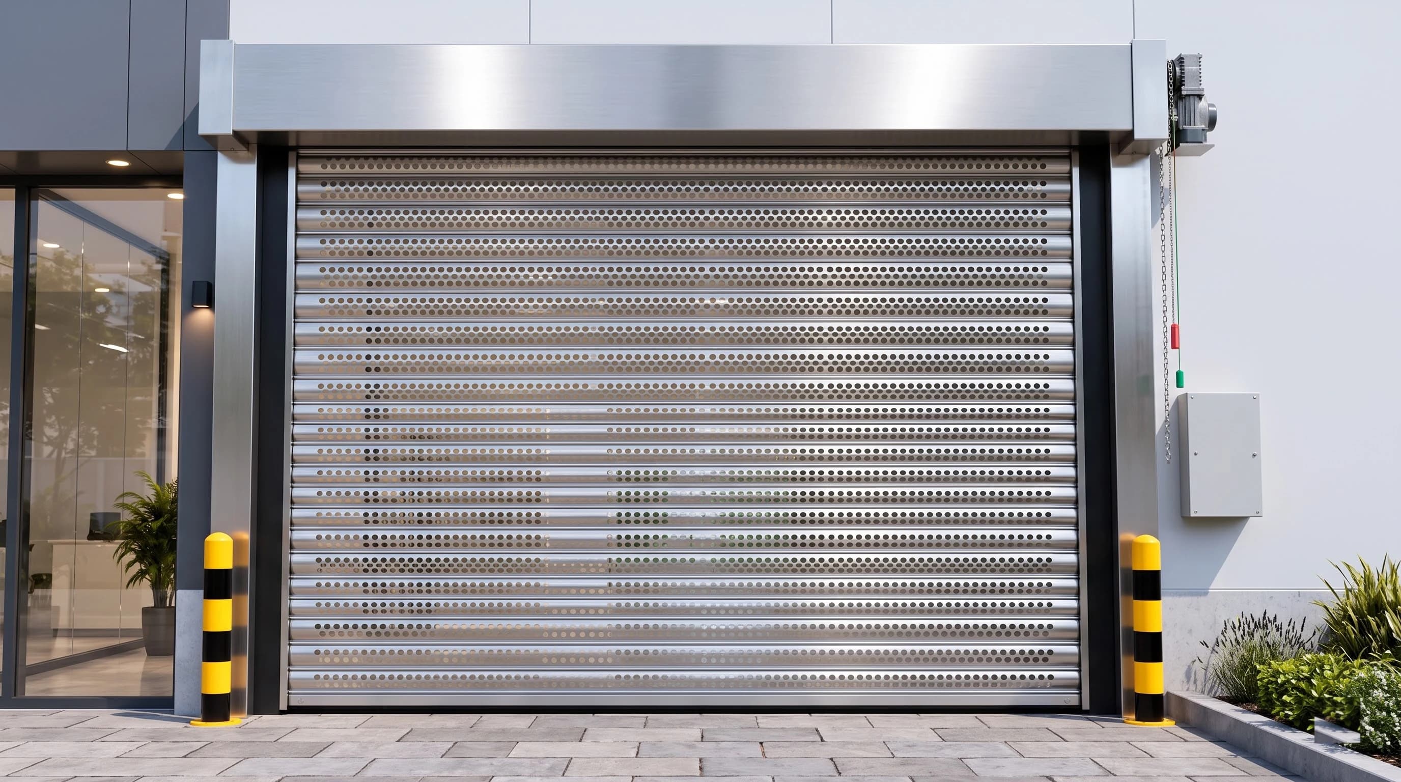 A perforated rolling shutter closed on a showroom front, seen square on: stainless head box, perforated curtain, guides, motor with chain and cords, control box and bollards beside the glazed shop window