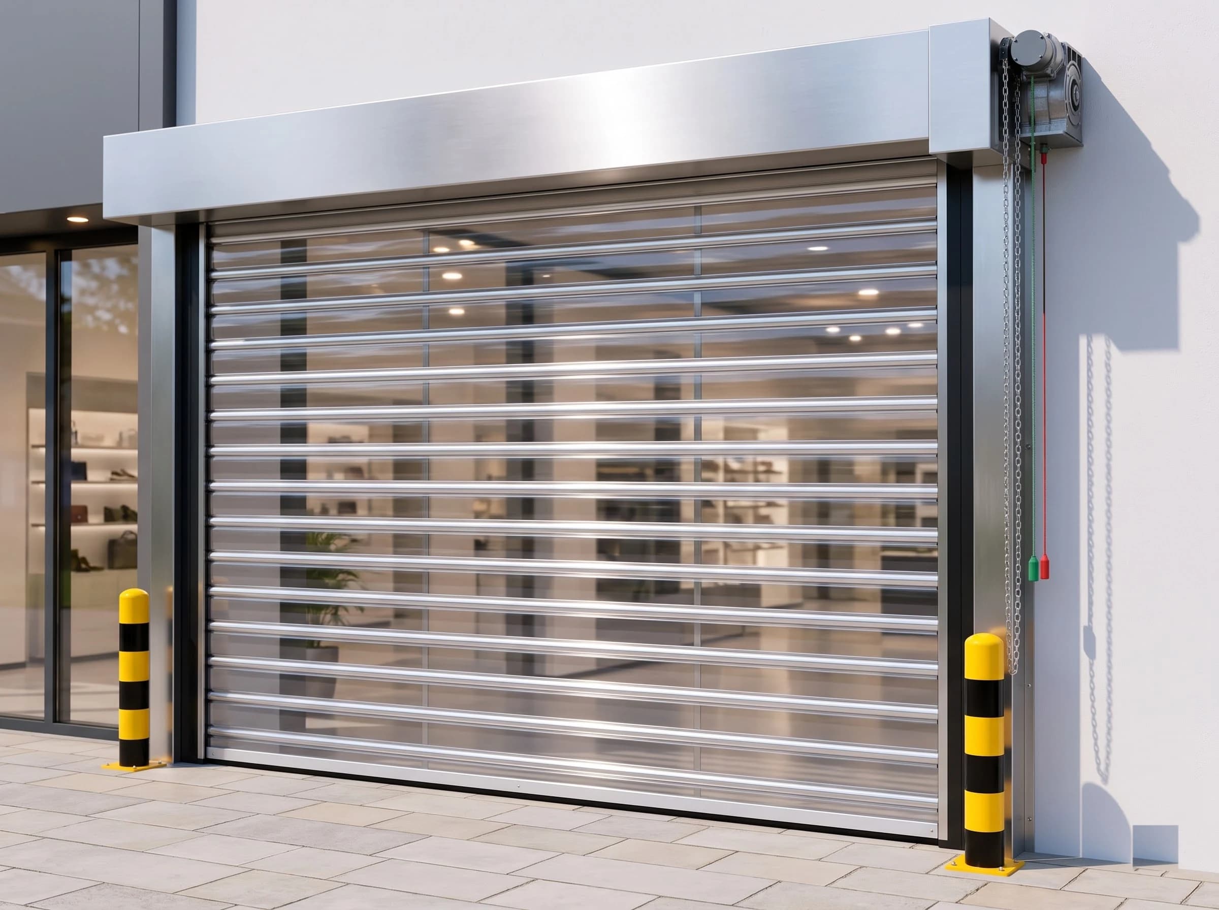 A transparent polycarbonate rolling shutter closed across a showroom front, seen from a three-quarter angle: clear curved slats joined by slim aluminium connectors with the lit display visible through them, stainless head box with the motor at its right-hand end, hand chain and pull cords beside the guide, and yellow-and-black bollards