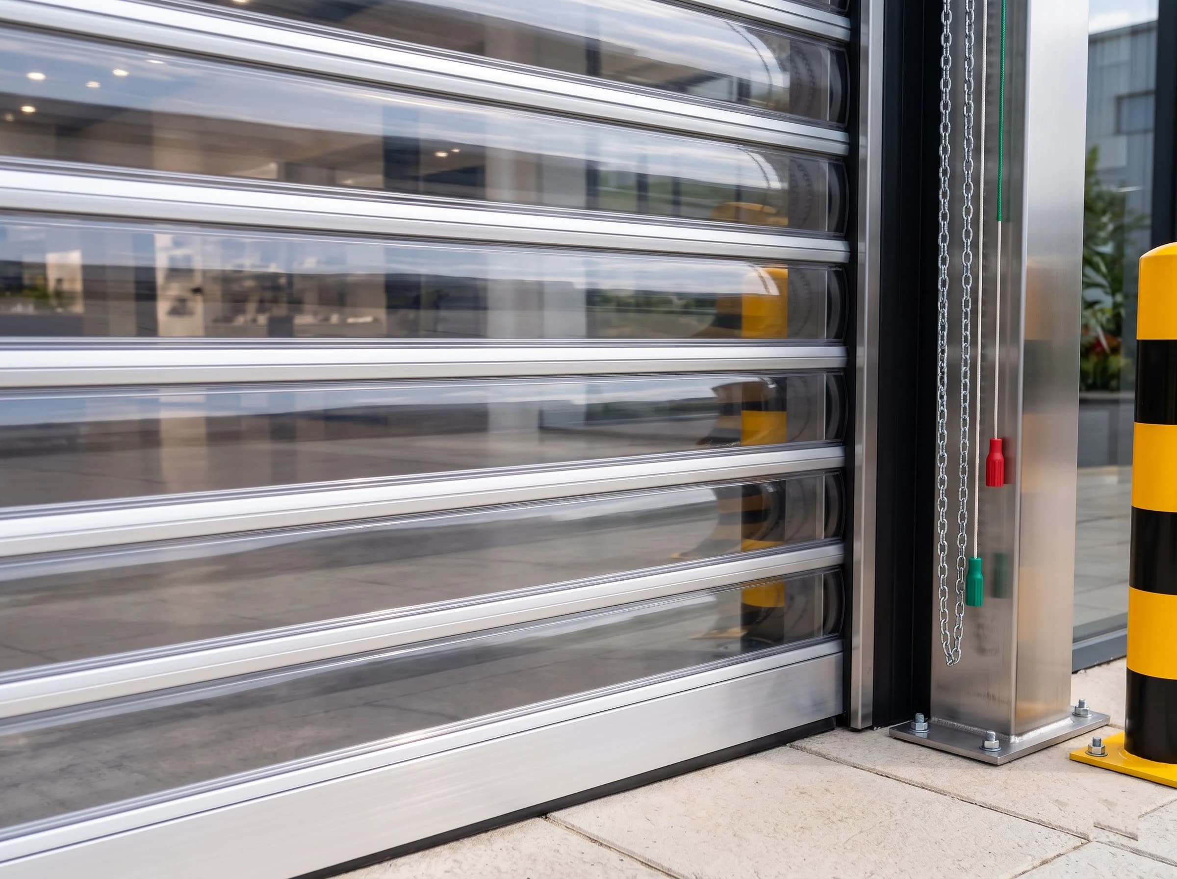 Bottom corner of a closed transparent polycarbonate rolling shutter: the channel guide holding the clear slat ends and their aluminium connectors, the brushed aluminium bottom rail on the paving with its lock, the guide foot bolted down, and the hand chain and pull cords beside the guide