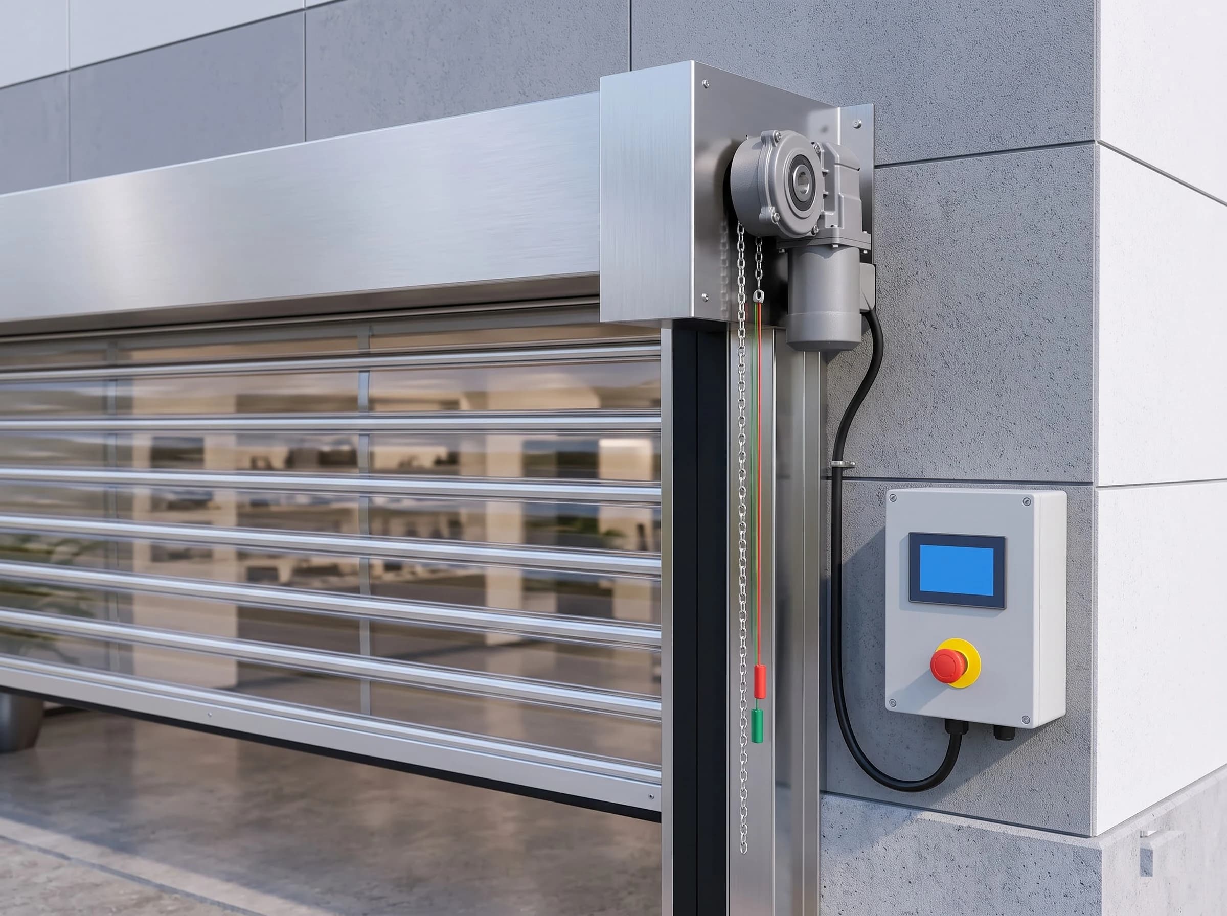 The drive end of a motorised transparent polycarbonate rolling shutter: the enclosed geared motor unit on the end of the stainless head box, the hand chain and red and green pull cords beside the guide, and the wall control box with display and emergency stop, with the clear curtain at the left
