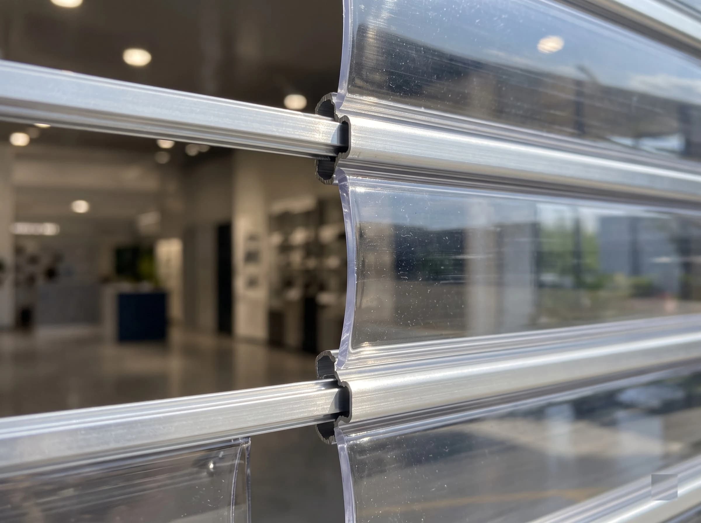 Extreme close-up of a transparent polycarbonate rolling shutter curtain: clear curved slats seated in slim brushed-aluminium connector profiles, light refracting through the polycarbonate, the showroom softly out of focus behind