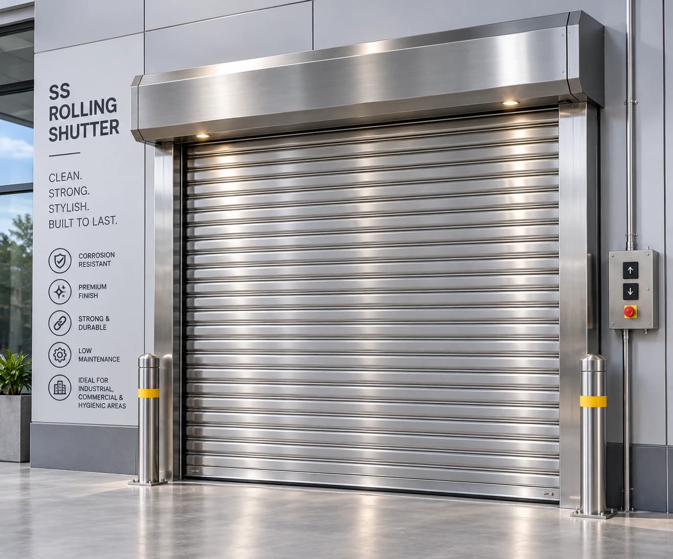 A stainless steel rolling shutter closed across a commercial opening, its polished slats lit from the head box above, between stainless bollards, with a two-button control station and emergency stop on the wall alongside