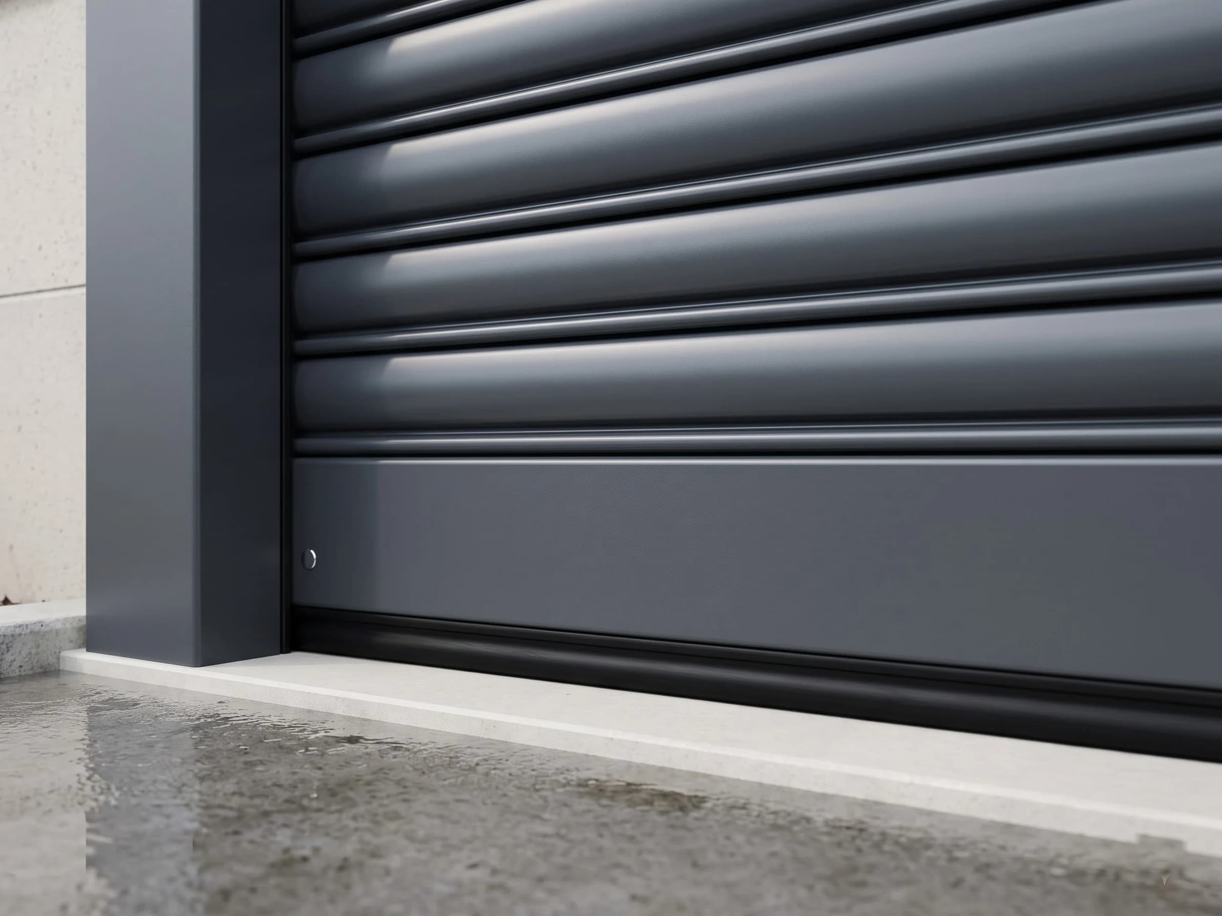 Floor-level close-up of the windproof shutter's reinforced flat-fronted anthracite bottom bar with its black rubber floor seal on a pale concrete threshold, the lowest curved slats above it and the bar running into the guide channel at the jamb, rain-wet concrete outside