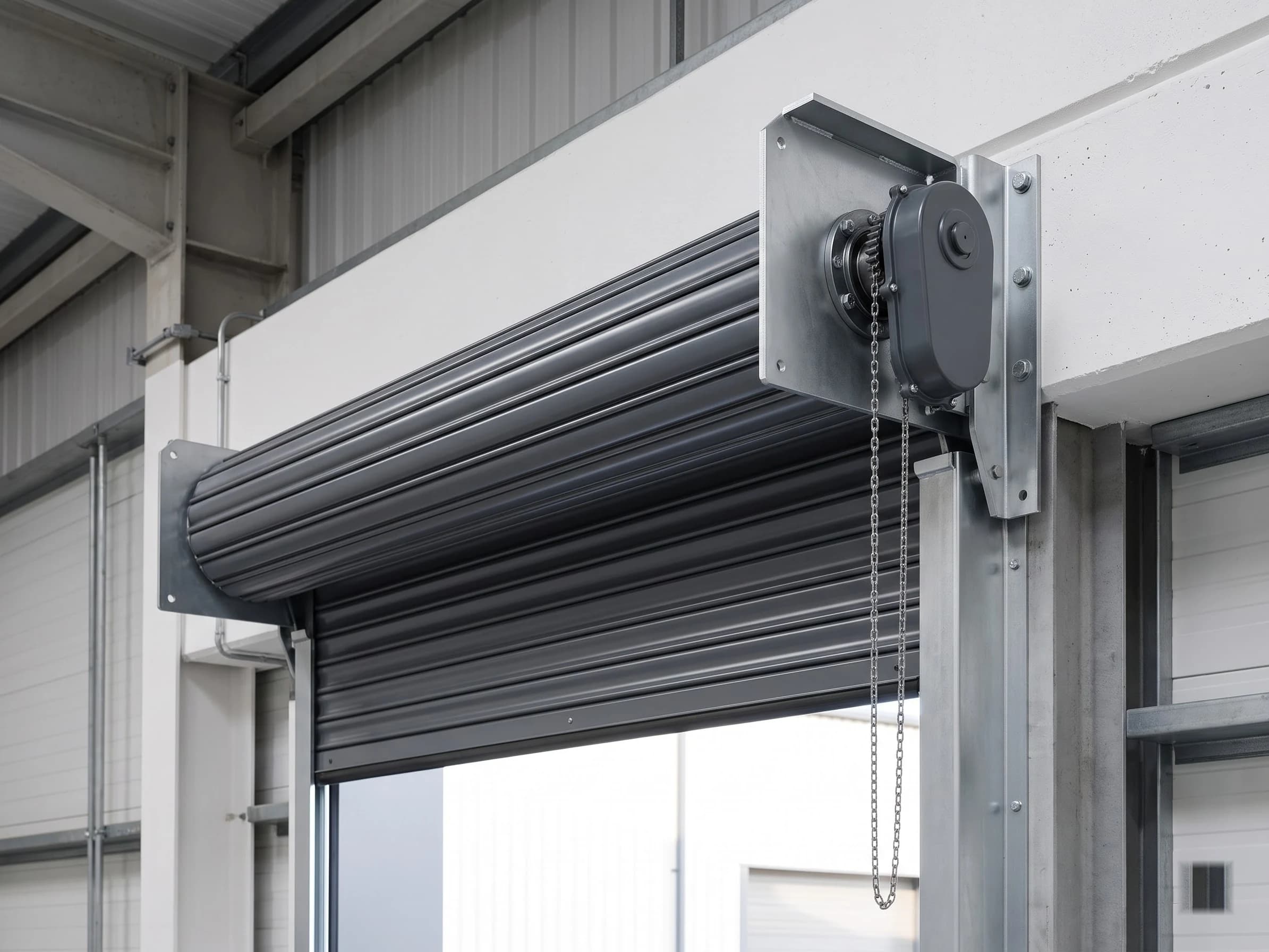 The head of the windproof shutter seen from inside with the hood removed: the anthracite curtain coiled on a heavy steel shaft carried on steel end plates bolted to the structure, with a compact geared drive and its manual override chain at one end