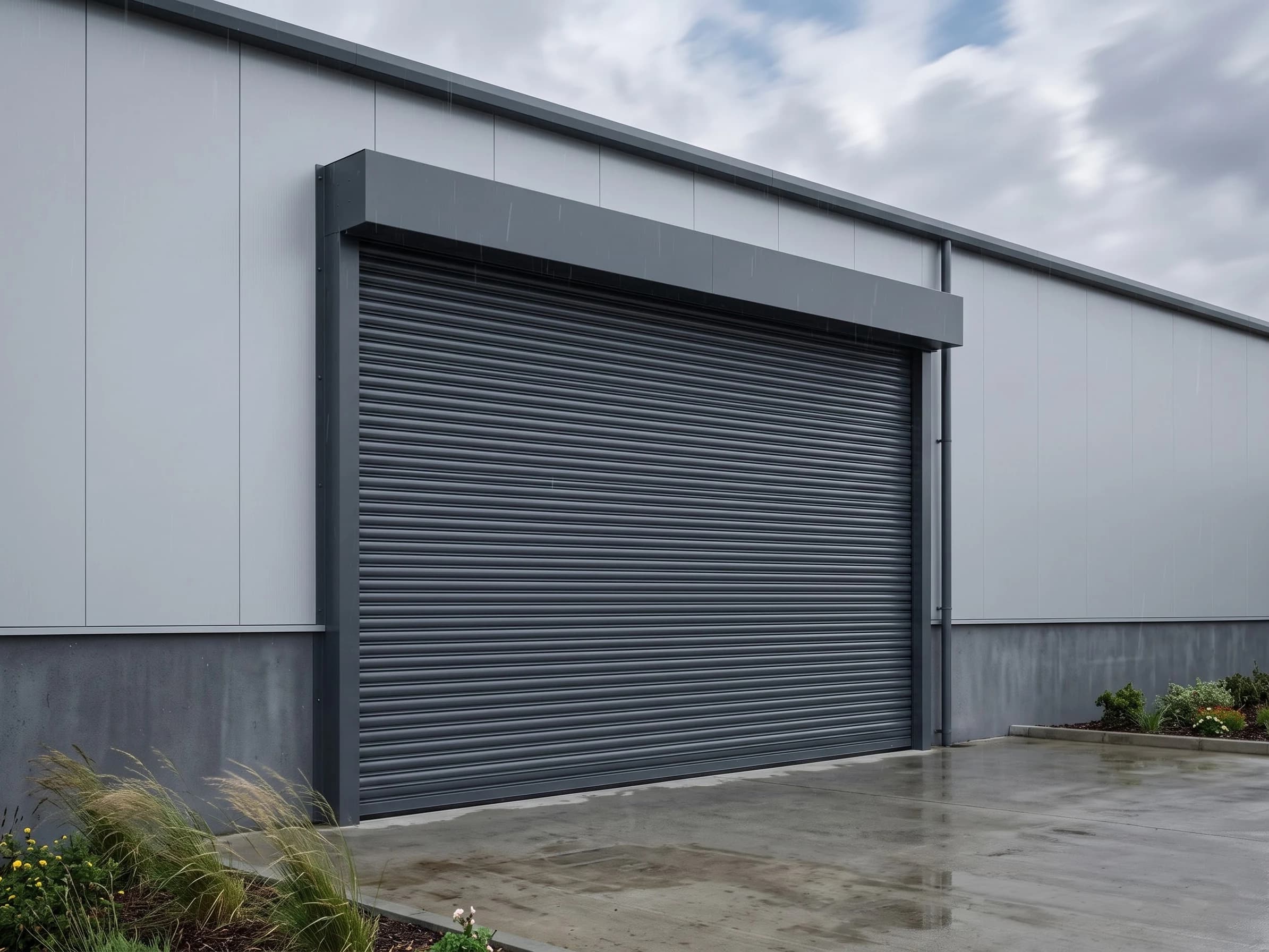 A windproof rolling shutter closed on the exposed loading elevation of a modern grey-clad logistics building under a moving overcast sky, light rain on the concrete apron and wind-bent grasses at its edge, the anthracite curtain, guides and hood standing calm and stable
