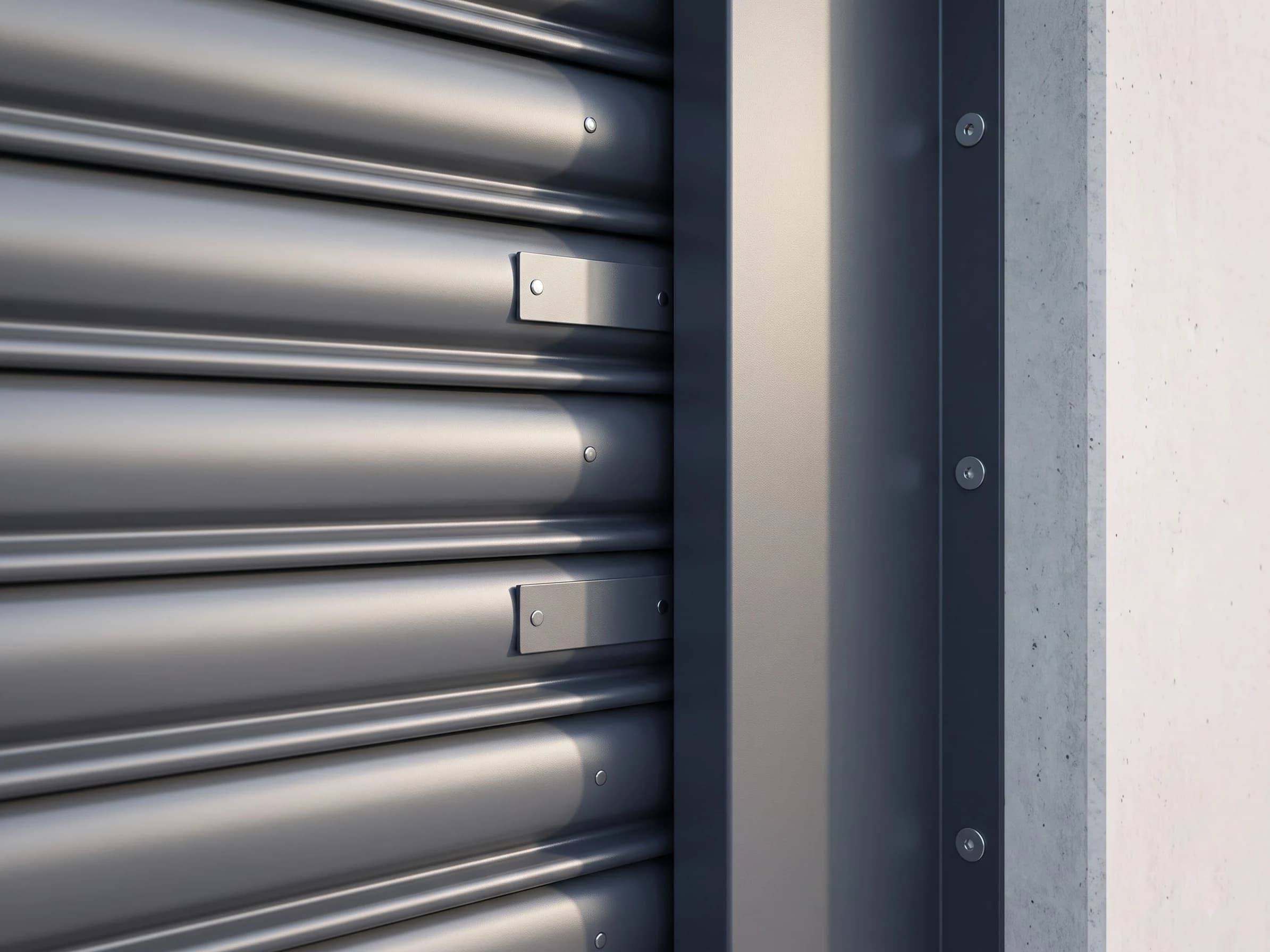 Close-up at the jamb of the windproof shutter: the deep anthracite wind-resistant guide channel anchor-bolted to the concrete reveal, the curved slats running into it, flat wind-lock plates riveted flush to the slat ends and small rivet end locks on the slats between