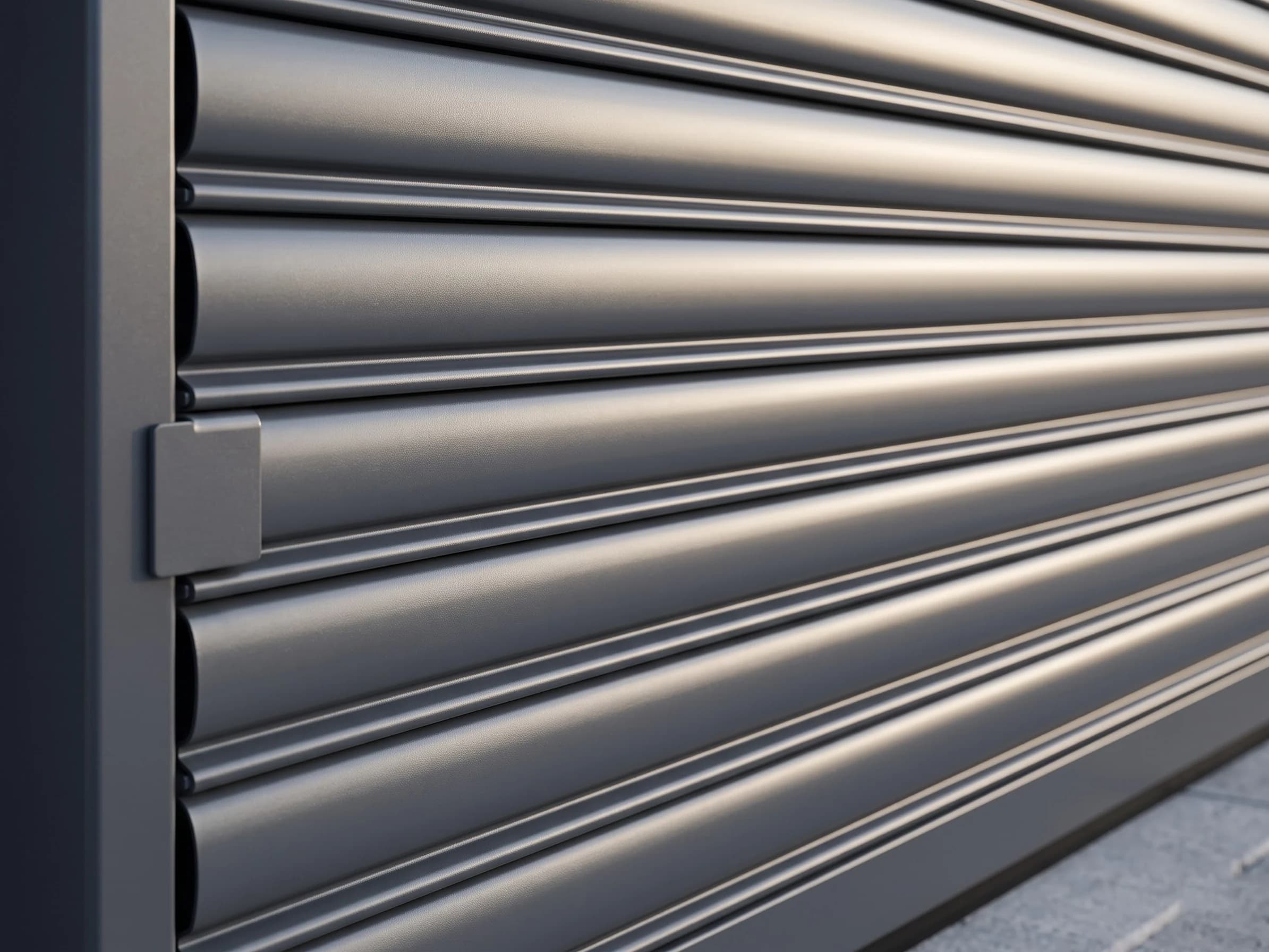 Macro view of the windproof shutter curtain: slim curved interlocking galvanised steel slats in matte anthracite powder coat, the rolled interlock joint between each slat and a flush steel end lock at the slat end